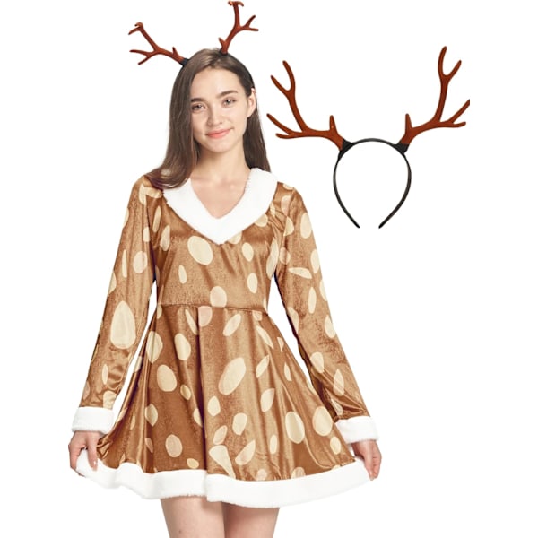 Voksen ren kostume julehjorte fin kjole outfit kvinder mænd dyrekostume med gevir pandebånd Kvinnor hjort L