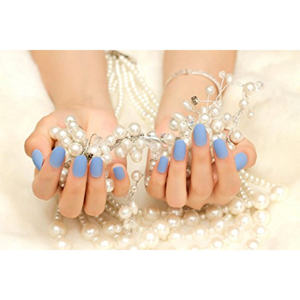 24 stk. matte negle til damer, falske negle, kontordame must have, korte, frostede, babyblå, runde hoveder Z261