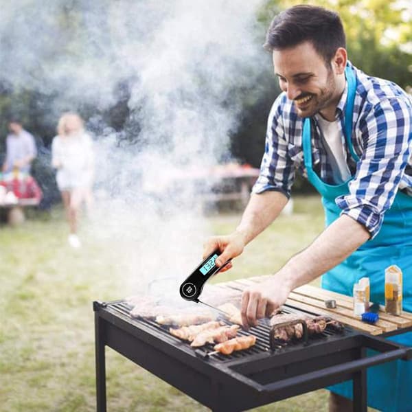 Digital kötttermometer, 3-sekunders avläsning, bakgrundsbelyst LCD, vikbar sond i rostfritt stål, automatisk på/av, BBQ-matlagning, svart