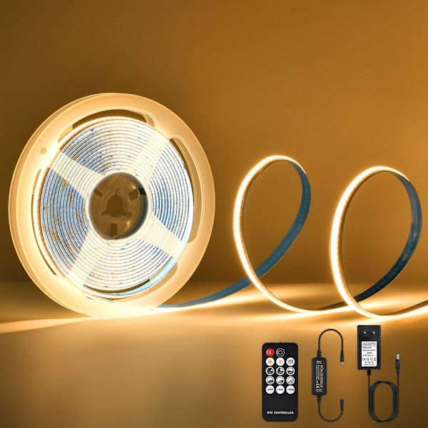 5m COB LED-bånd 3000K 24V COB LED-strip Varm hvid med fjernbetjening/IP30 Vandtæt/1600 LED'er/8mm Bredde Dæmpbar LED-strip til soveværelse Hjemmeindretning 3000 k