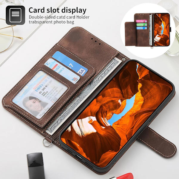 Samsung Galaxy A55 5G -kotelo, crossbody-nahkakuori korttipaikoilla - ruskea