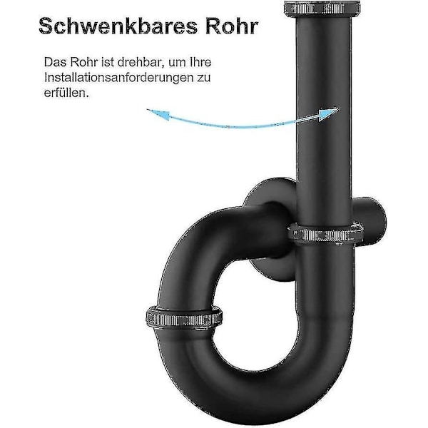 Svart matt diskbänksavlopp, universellt mässingsavlopp med extra långt förlängningsrör och väggmonterat, 1 1/4 X 32 mm U-design diskbänk badrumsavlopp