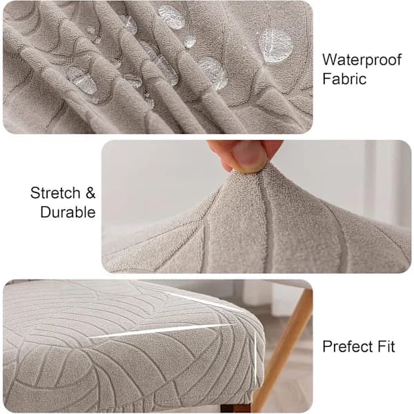 Vanntette stolovertrekk for restaurant, 6-pakning, elastisk jacquard, avtakbare og vaskbare, egnet for hjem (bladmønster, varmgrå, 6-pakning)