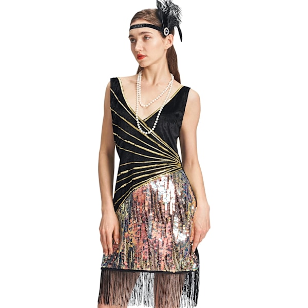 Kvinders Flapper 20'er Kostume Outfit V-Hals Sequin Kjole med Frynser Halskæde Perle Bånd S