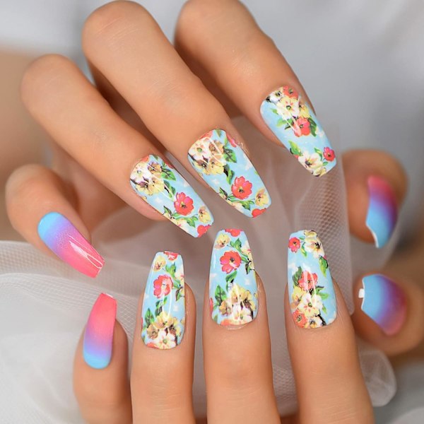 Designer Konstgjorda Falska Naglar Blommor Målning Tryck På Nagelspetsar Sommar Falska Artificiella Femmes Faux Ongles Ombre