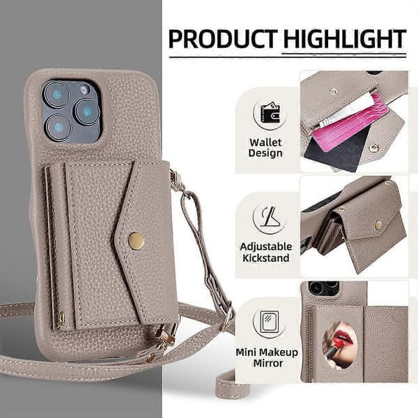 Mobilskal med horisontell kortficka i litchi-textur med lång sladd Grå Grey For iPhone 14 / 13
