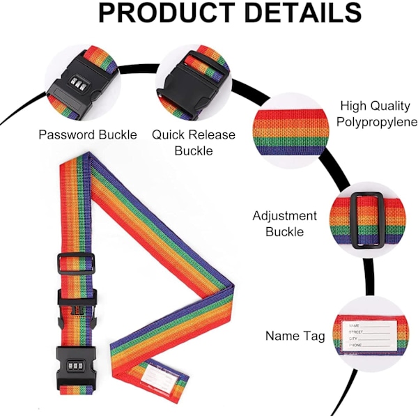 Resväska rem, 4-delad bagagebälte, Resväska bälte bagagebälte set, Kors bagage rem, Justerbar resväska rem, Spänne rem, Resväska rem rainbow my Password-4