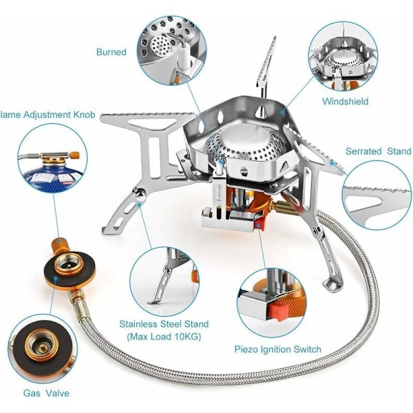 Camping Stove, Bærbar 3500W Sammenleggbar Gasskomfyr Vindtett Gassbrenner med Tenningsknapp for Fotturer/Utendørs/Piknik/BBQ/Ryggsekktur/Trekking, DEBUNS