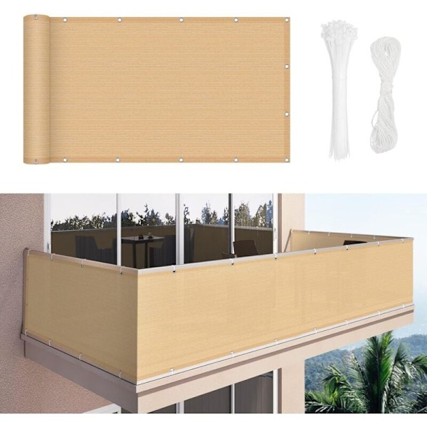Balkongskjerm 90 x 600cm Personvernskjerm 180g/m² HDPE Stoff UV-beskyttelse Vindskjerm for Hage Terrasse Utendørs med Kabelbånd og Snorer, Sand