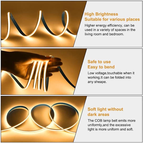 5m COB LED-tejp 3000K 24V COB LED-remsa Varmvit med fjärrkontroll/IP30 Vattentät/1600 LED-lampor/8mm Bredd Dimbar LED-remsa för sovrum Heminredning 3000 k