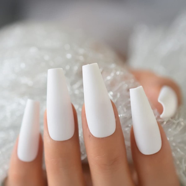Ekstra lange ballerina hvite falske negler matte ren solid farge frostet avsmalnet fost tykk gjenbrukbare fingernegler 24 stk