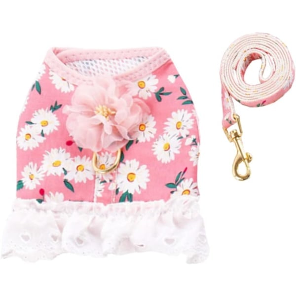 IC Hundklänning med Koppel Set Tryckt Daisy Mönster Katt Sele Klänning Andningsbar Mesh Valp Sele Koppel Set (Medium, Rosa)