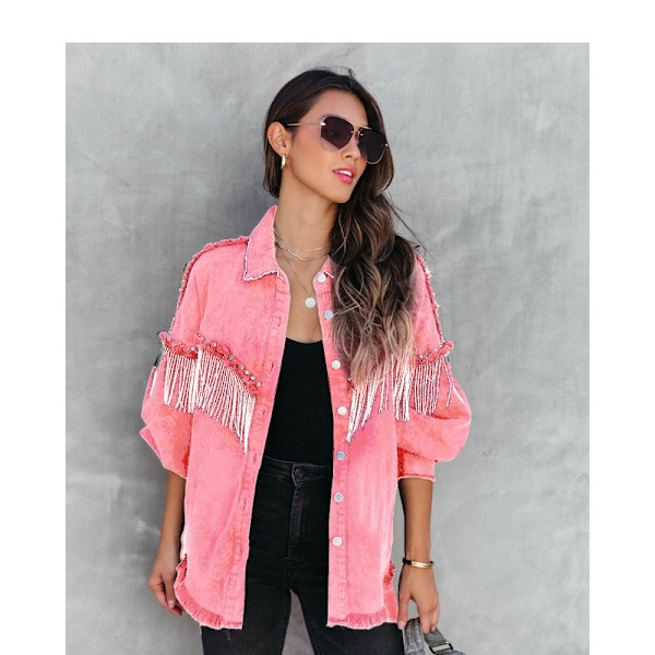 Casual denimjakke med frynser for kvinner, rosa rosa Pink XL