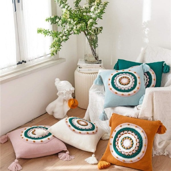 IC Dekorativt strikket bomulls sofatrekk med dusk Rundt blomstrete Farmhouse putetrekk for sovesofa (hvit, 18\"x18\")