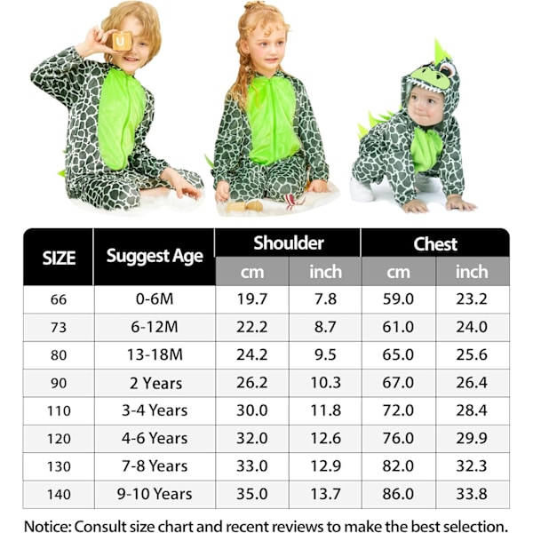 Baby Dinosaur Kostym, Drakkläder Jumpsuit med Huva för Barn, Djurstorlek Pyjamas Grönt-dinosaurie 13-18 månader