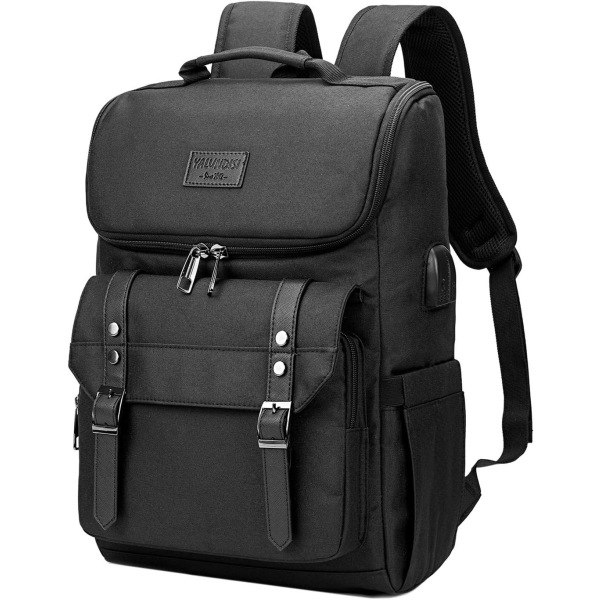 IC Vintage -reppu, matkareppu kannettavalle tietokoneelle USB-latausportilla naisille ja miehille, college-reppu sopii 15,6 tuuman kannettavalle tietokoneelle, musta