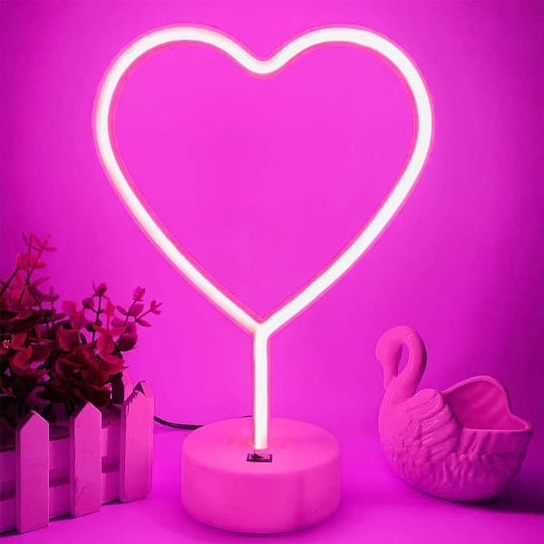 Hjärta LED Neonljus USB- eller Batteridriven Silikon ABS Bordslampa för Sovrum Bröllopsfest Dekor Rosa