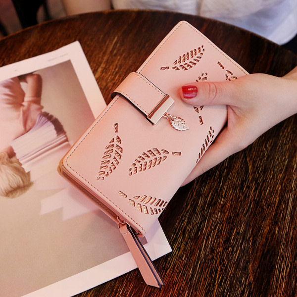 Lång plånbok för kvinnor med stor kapacitet ihåliga löv, plånbok, rosa