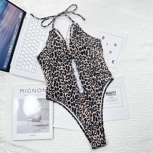 2024Ny europeisk och amerikansk bikini i ett stycke för kvinnor med leopardtryck med öppen bröstring, mode halterhalsad sommarbaddräkt