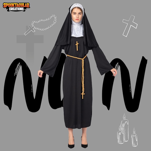 Nunndräkt för kvinnor Halloween med fastsatt krage, gyllene kors och draperande bälte, religiös maskerad Halloween-utklädnad XL