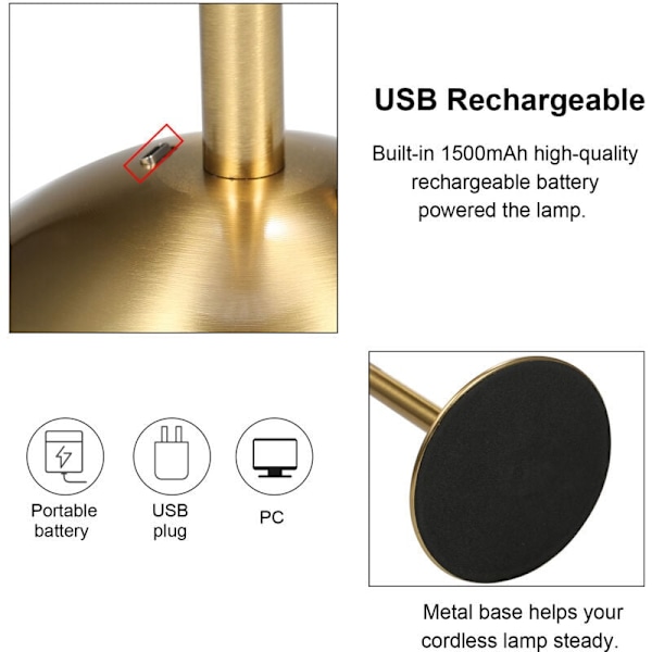 USB Genopladelig Bordlampe, LED Sengelampe, Læselampe, med Dæmpbar Touch Kontrol, 3 Lysfarver, DEBUNS