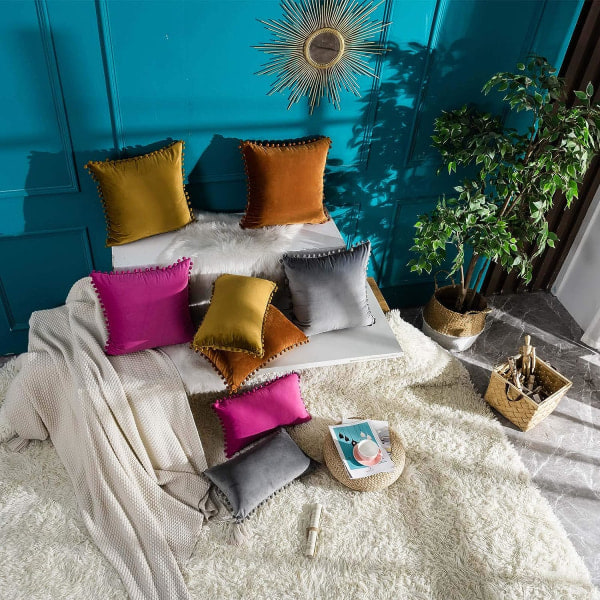 IC Dekorativa Sammet Pom Poms Kuddfodral Set med 2, Mjukt enfärgat överdrag för soffa Sovrum, 45x45 cm, Grå