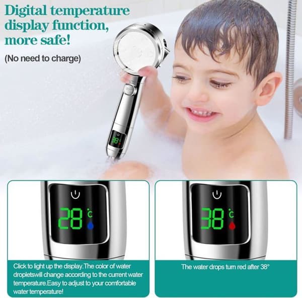 Håndholdt brusehoved med LED temperaturdisplay, 4 spraytilstande, pauseknap, vandbesparende, til hjemmebadeværelser, 28 cm