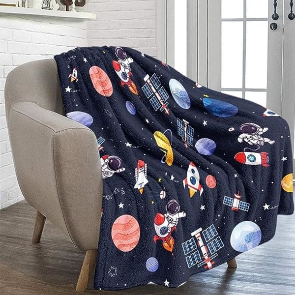 IC Skyddsfilt med yttre rymden-tema för barn, 127 x 152 cm Blå Rymd Astronaut Raket Luddig Plyschfilt för pojkar Presentdekoration