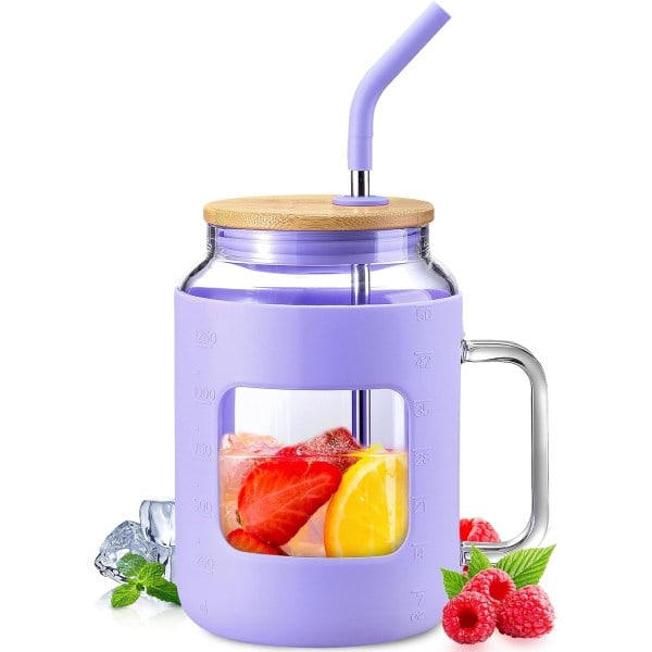 IC 50 oz lasivesipullot silikonisuojuksella, lasimuki kannella ja pillillä, jääkahvikuppi kahvalla, BPA-vapaa - violetti