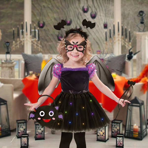 Lasten tyttöjen Halloween-asu Lasten tyttöjen Halloween-asu LED-tullehame Lepakko siivet Taikasauva Hiuspanta Maski Huopapussi Cosplay-asu Halloween-juhliin 6 kpl