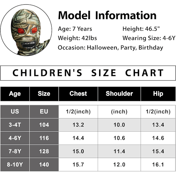 Børne Mommie Zombie Kostume Drenge Piger Halloween Gyser Farao Egyptisk Body til Fastelavnsfest 3-10 År 3-4 år