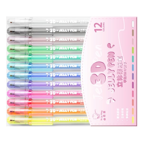 3D Jelly Pen Set Candy Color Gel Pennor Konsttillbehör Fet punktmarkör Handskrift Bläckpennor för att skriva till målarbok null - 12 färger