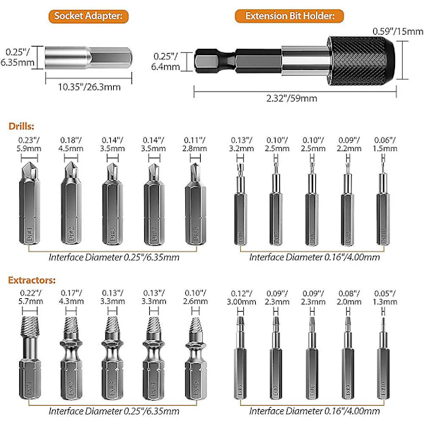 Skadede skrusæt, 22 stk. skrusæt til fjernede skruer, HSS-skrusæt til fjernede skruer med bits- og sokkeladapter