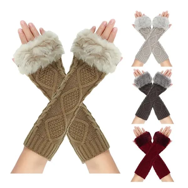Fingerlösa stickade handskar med förlängd handled i akryl, varma plyschmuddar för kvinnor, vinter, utomhus, bilkörning, shopping White