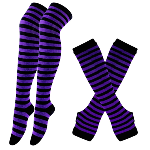 Stripete sokker, julesokker, Halloween-sokker, høye sokker, europeiske og amerikanske festival-cosplay-sokker for kvinner, MJ51-hansker Purple black 18 thin One Size