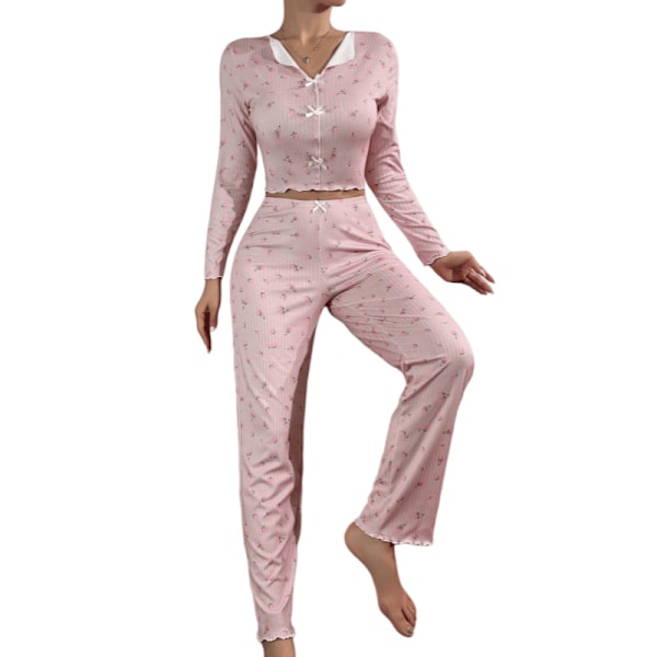 Hemma kläder avslappnade tryckta byxor långa ärmar europeisk och amerikansk stil ytterkläder dam pyjamas tvådelat set Black floral background M