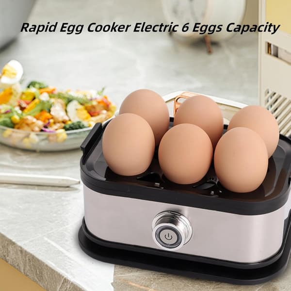 Elektrisk eggkoker, 6 egg kapasitet, rustfritt stål og PP, automatisk avslåing, bløtkokt, medium og hardkokt, hjemmefrokost