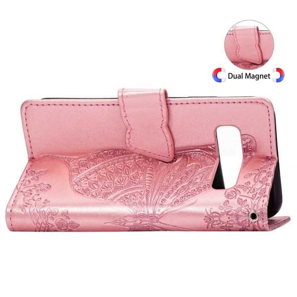 Samsung S10 Wallet Case PU Læder 4-RUMS Motiv Sommerfugl Rosenguld