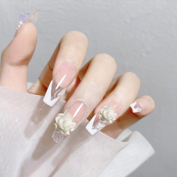 CDQ Nail Art 3D Resin White Rose Flower Design Aurora Petal Nail form9