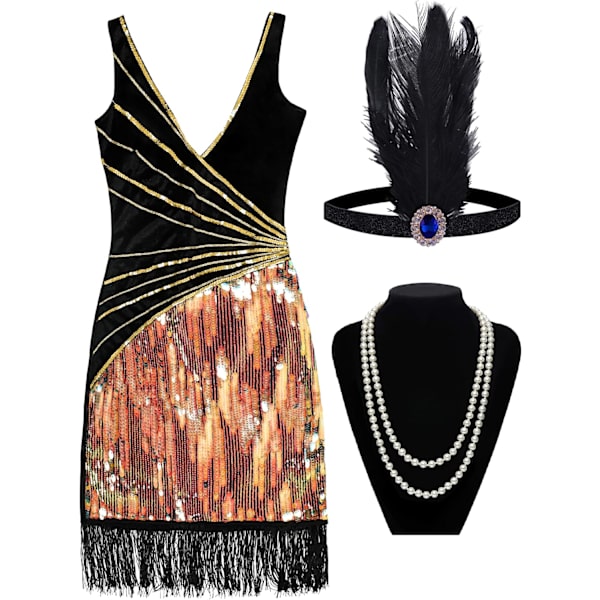 Kvinders Flapper 20'er Kostume Outfit V-Hals Sequin Kjole med Frynser Halskæde Perle Bånd S