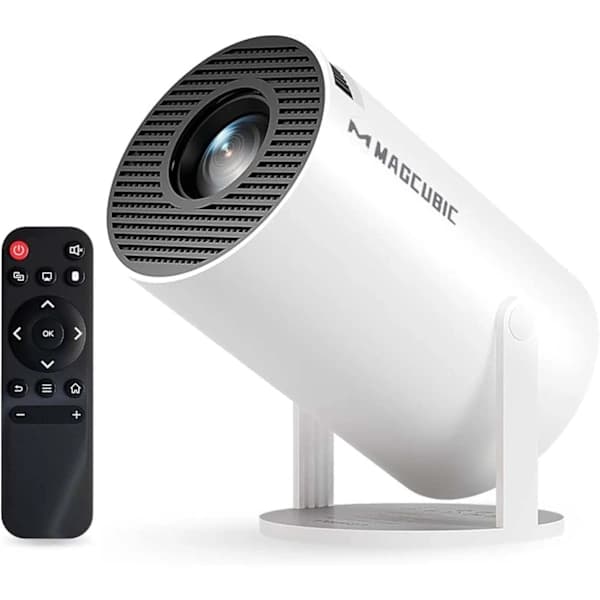 HY300 Pro Smart Mini Projektor Med Android 14, WiFi 6, Bluetooth, 180° Rotation til Hjemmerejser, Hvid