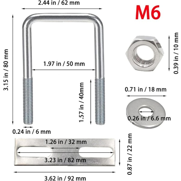 Pieces U-Bultar m6 U-Bult 80 x 50 mm, Rostfri U-Bult med Mutterplattor Bricka, Rörfixeringsklämmor, För Rördiametrar Under 50 mm