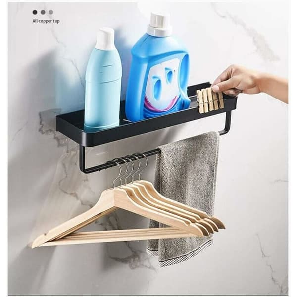 Håndklædeholder, firkantet badeværelseshylde med håndklædestang og vægmontering, solid aluminiumslegering mat sort finish, sort, 30 cm