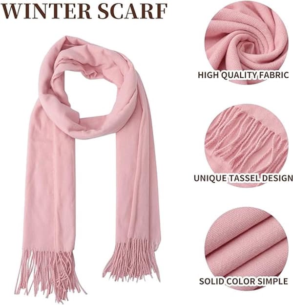 Damevevd skjerf, myk polyesterimitasjon kasjmir, frynset lang stola for høst vinter, rosa, 70 x 200 cm Pink