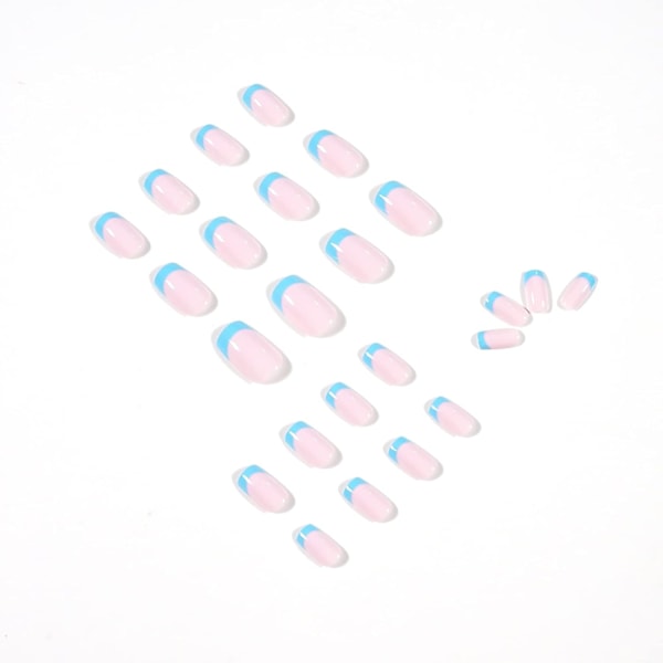 Firkantede tryk-på-negle, korte franske spidser, falske negle, blå, blanke, lim-på-negle, firkantede, falske negle, pink, fuld dækning, akrylnegle til kvinder, 24 stk.