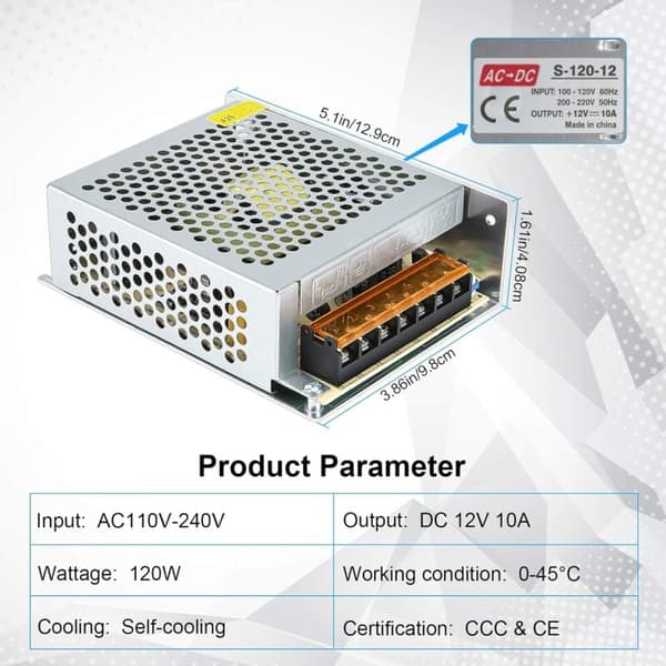 Strømforsyning Spændingstransformator, Ca 110V / 220V til Dc 12V 10A, 120W