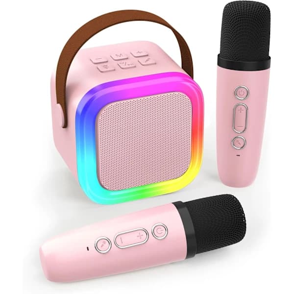 Mini karaokemaskine med 2 trådløse mikrofoner, bærbar Bluetooth-højttaler til børne- og voksenfødselsdagsfester, lyserød