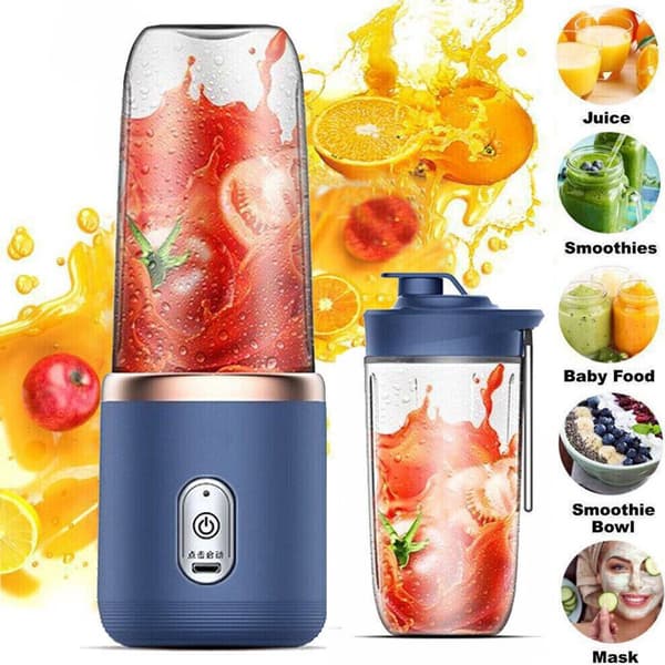 Bærbar blender, 6 kniver i rustfritt stål, USB oppladbar, for smoothies, juicer og reise, 400 ml, blå