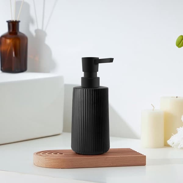 Sæbedispenser, genopfyldelig ribbet glas pumpeflaske til badeværelse og køkken, 250 ml, mat sort
