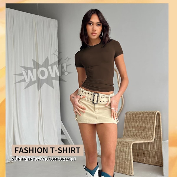 Basic slim fit t-shirt för kvinnor, skims Y2K topp dupe, crop tops kvinnor, magfri topp kvinnor, basic crop tops casual atletisk topp tonåring streetwear, Y2K skjorta BRUN L